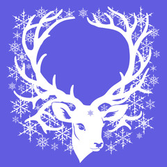 White silhouette of deer head with snowflakes around large fantasy horns isolated on blue background. Art vector illustration. Can be used as decorative frame.