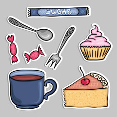 Vector stickers set - tea and pastries