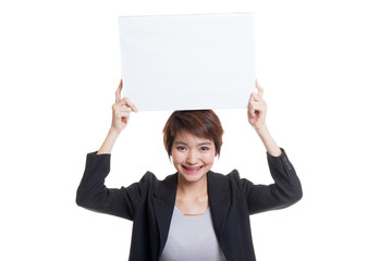 Young Asian business woman with  white blank sign.