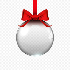 Realistic Transparent Glass Christmas ball with Red Bow isolated on white. Vector illustration.