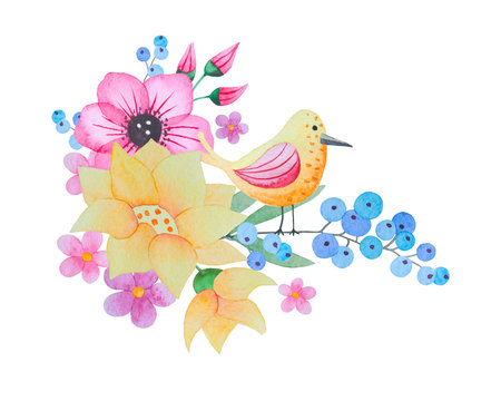 Watercolor Flowers And Bird.