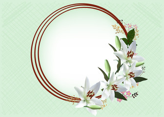 white lily flowers in circle frame on green background