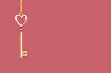 Golden key to hanging on a pink background