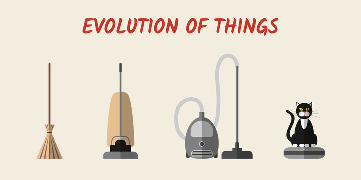 Evolution of cleaning devices: a broom, a retro hoover, a modern vacuum cleaner and a robotic vacuum cleaner with a cat sitting on it. Set of modern flat style icons, eps10.