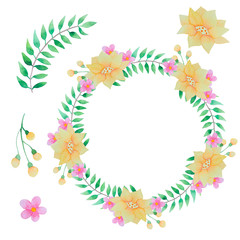 Watercolor wreath and floral elements.