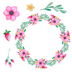 Wreath of watercolor and floral elements.