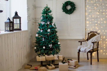 Background with Christmas and Christmas tree, gifts, chair and Christmas wreath