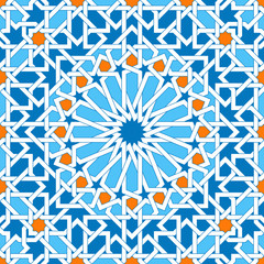 Islamic geometric ornaments based on traditional arabic art. Oriental seamless pattern. Muslim mosaic. Colorful vector illustration. Blue, white and yellow arabian tile. Mosque decoration element.