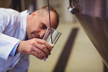 Manufacturer filling beer into glass at brewery