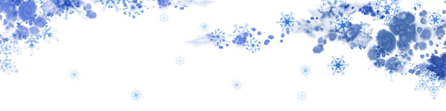 Winter long banner with blue snowflakes and frosty pattern. Hand-painted horizontal illustration