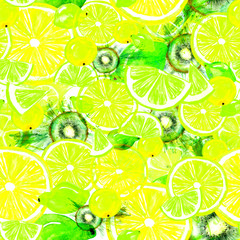 Vintage pattern with watercolors - from kiwi fruit, citrus, spray, 
lemon, orange, lime, tropical fruit, citrus, paint splash. The background color of yellow and green.