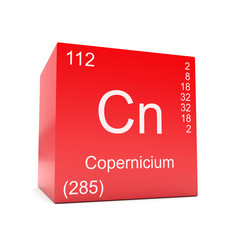 Copernicium chemical element symbol from the periodic table displayed on red cube