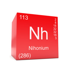 Nihonium chemical element symbol from the periodic table displayed on red cube
