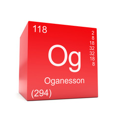 Oganesson chemical element symbol from the periodic table displayed on red cube