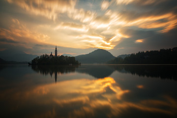 Church on island in Lake Bled on sunrise, Slovenia