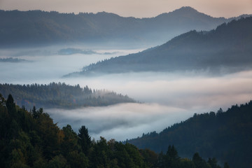 Morning landscape with fog in the mountains