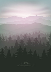 mountain forest in fog and sunrise