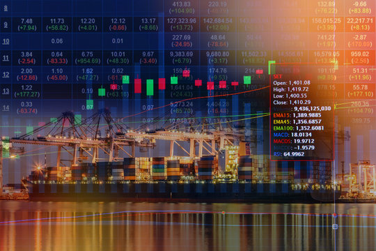 Double exposure of stocks market chart concept with International Container Cargo ship in the ocean, Freight Transportation, Shipping, Nautical Vessel