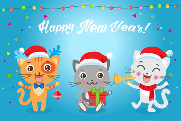 Cute Little Cats Cartoon Vector Card. Christmas Kittens Vector. Cat In Christmas Costumes. Design For New Year Holiday Theme.