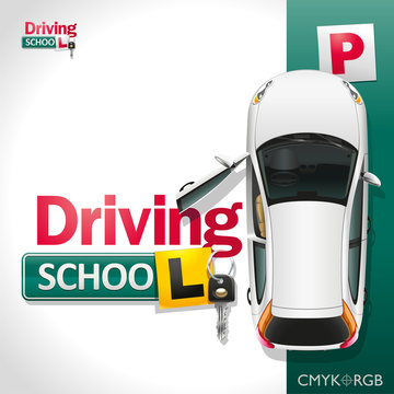 Driving School/The white car on the green parking invites to be trained in driving school