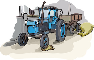 Digital vector painted old belarus tractor vehicle and trail in a village in moldova, flat style