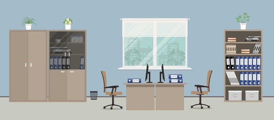Office room in a blue color. There are tables, beige chairs, cases for documents and other objects in the picture. Vector flat illustration