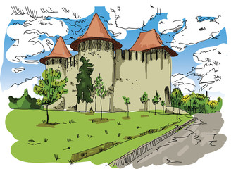 Obraz na płótnie Canvas Digital vector painted Soroca Castle in Moldova with blue sky, flat style