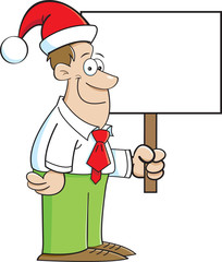 Cartoon illustration of a man wearing a Santa hat and holding a sign.