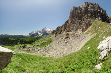 Panoramic view of Fischt mountains and alpine meadows, Russia, the Caucasus
