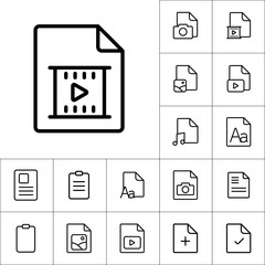 thin line video file, play icon on white background, document ic