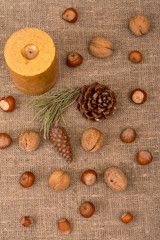 Walnuts, hazelnuts, cone, candle, fir branch on sackcloth fabric
