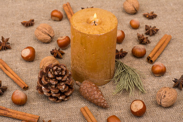 Walnuts, hazelnuts, cinnamon sticks, star anise, cone, candle, fir branch on sackcloth fabric