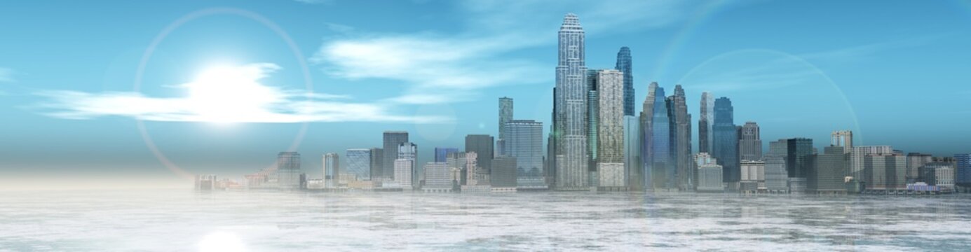 Panorama of winter city. Ice and skyscrapers.
