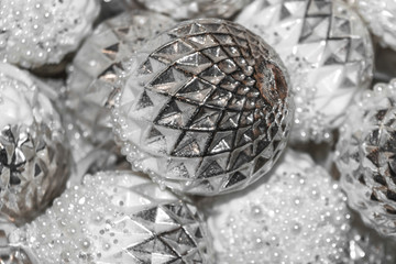Silver Christmas tree balls. Decorations for the Christmas celebration. Balls and toys for...