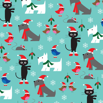 christmas cats and dogs pattern on blue