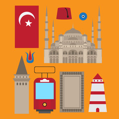 Turkish flat set design elements, landmark of Istanbul, Turkey. Symbols, architecture and food.