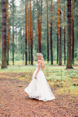 Obraz na płótnie Canvas Bride in wedding dress walking in the forest. Bride waiting for groom.