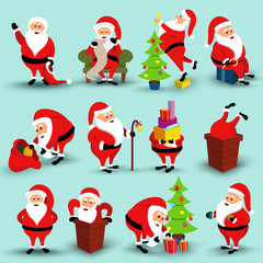 Collection of Christmas smiling Santa Claus character. Cartoon bearded man in festive costume Santa Claus in different poses. Vector xmas illustration