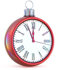 New Year's Eve clock midnight last hour countdown pressure Christmas ball ornament decoration red white sparkly adornment bauble. Seasonal happy wintertime holidays begin future time. 3d illustration