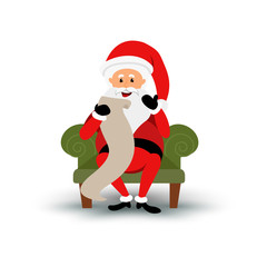 Christmas smiling Santa Claus character sitting on a chair and read a long letter. Cartoon bearded man in festive costume. Vector xmas illustration