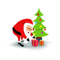 Smiling cartoon Santa Claus with gifts under green Christmas tree. Vector illustration
