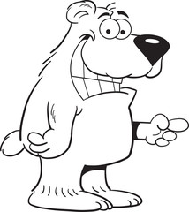 Black and white illustration of a bear pointing.