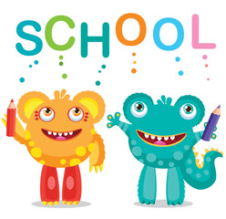 Funny Monsters And Text School On A White Background. Cartoon Vector Illustrations. Back to School Theme. Colored Letters Vector. Frogman and Bearman. Cartoon Monster Mascot.