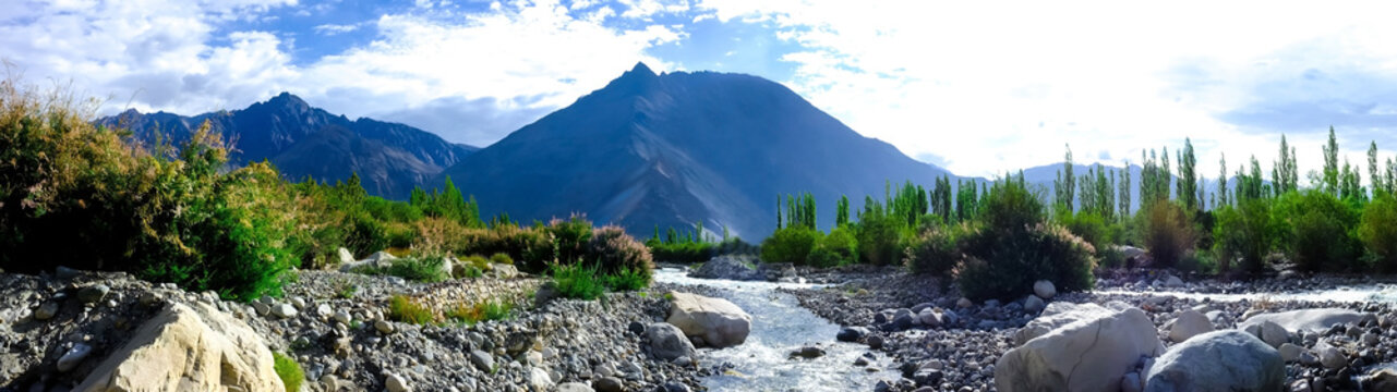 panorama of the valley and the Nubra River at sunset (India