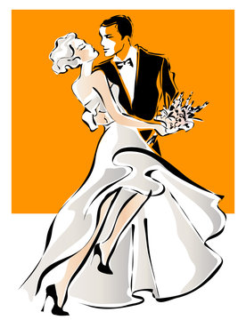 Dancing wedding couple, bride and groom sketch invitation vector illustration