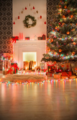 Christmas room interior design, decorated tree in garland lights