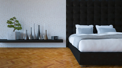 3D bed room with leather wall