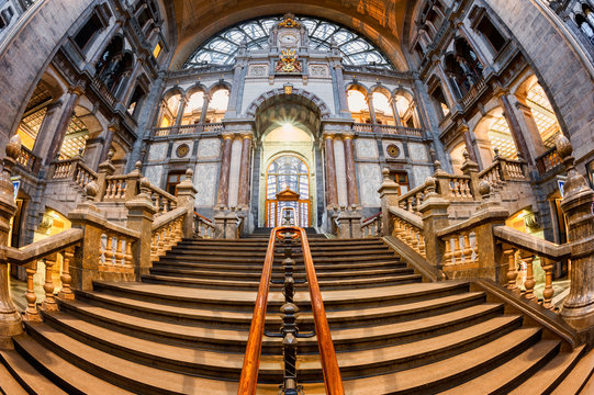 Fisheye view on stairs leading to platforms on Antwerp Central Station, Flanders, Belgium.