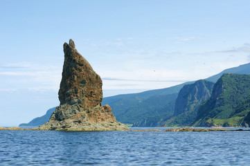 A Needle rock. The Prasolov Cape, Okhotsk Sea coast, Kunashir Island, Kuril archipelago, Russia. - 129573263