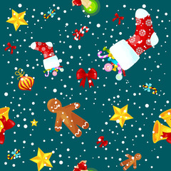 Christmass seamless pattern gingerbread man cookies, jingle bells stocking gifts, xmas background decoration elements texture vector ornament illustration, winter holiday sock with candy and presents